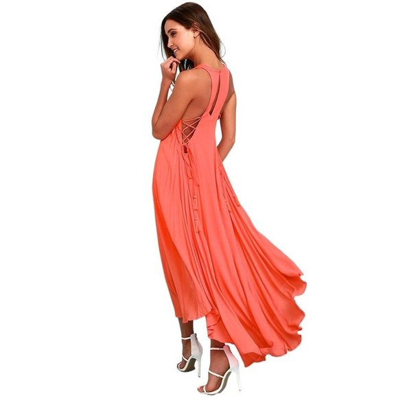 Lulus Dresses & Skirts - ASTR the Label Victoria Coral Pink Lace-Up Midi Dress Cutout Flowy Size Small